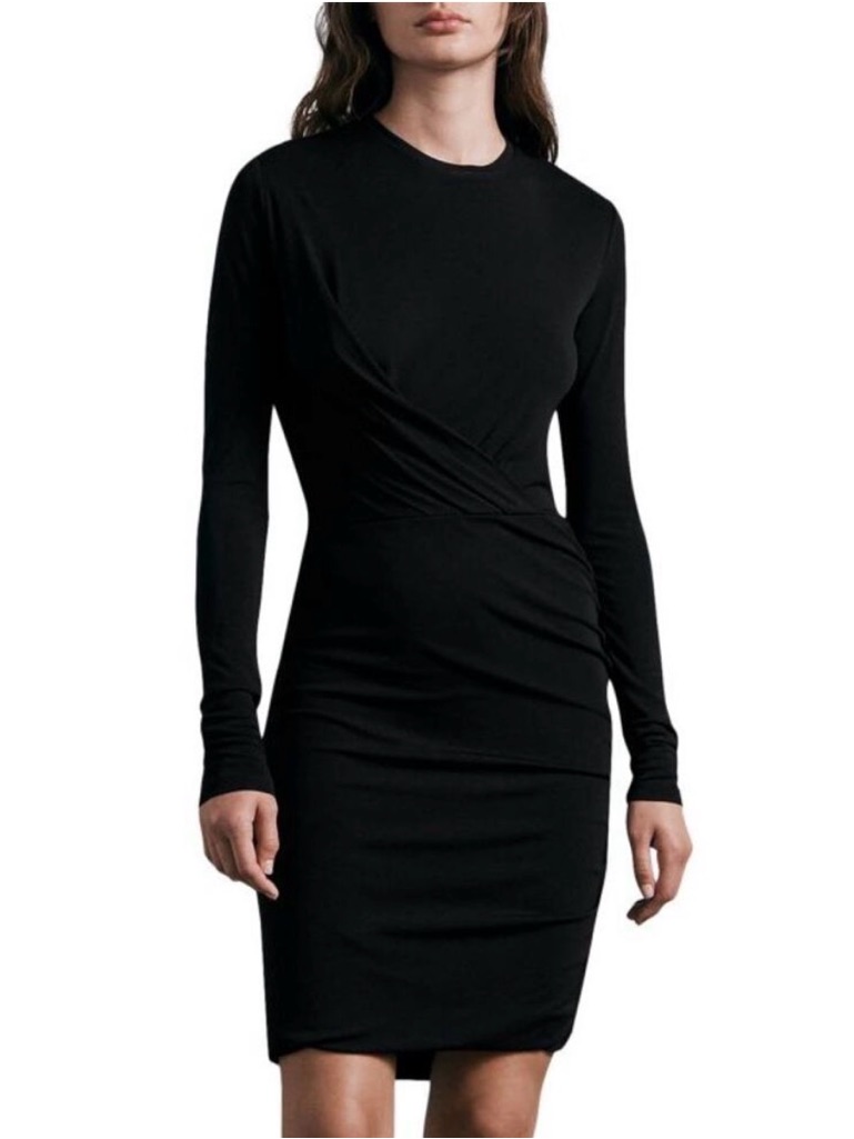 Rag & Bone Black Holly Drape Mini Dress | Long-Sleeve Ruched Sheath